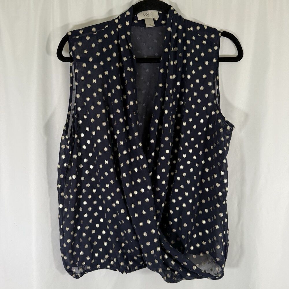 LOFT Blouse Women's Medium Blue Gold Polka Dot Deep Vneck Sheer Sleeveless